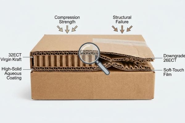 Corrugated box cross-section contrasting 32ECT Virgin Kraft with High-Solid Aqueous Coating against a failed Downgrade 26ECT with Soft-Touch Film, showing Compression Strength and Structural Failure.