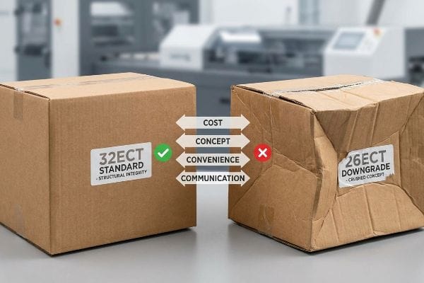 32ECT vs 26ECT Packaging Pristine 32ECT Standard box vs. crushed 26ECT Downgrade, comparing packaging's Cost, Concept, Convenience, Communication.