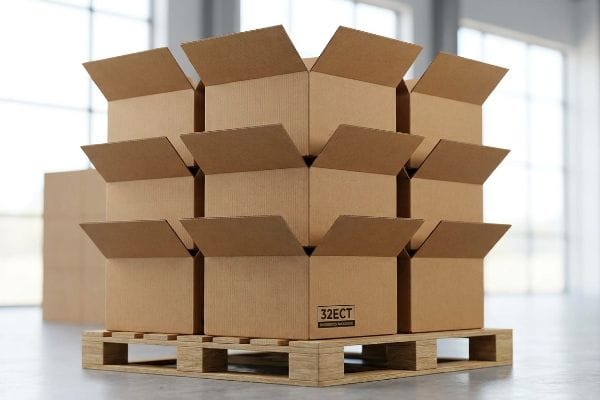 Corrugated Boxes 32ECT A stack of open, empty brown corrugated cardboard boxes featuring "32ECT Edge Crush Test" on a wooden pallet.