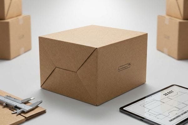 Engineered brown corrugated box with unique interlocking flaps, alongside a caliper and a tablet displaying a 32 ECT packaging dieline with Engineered Geometry.