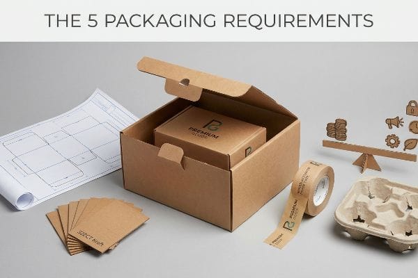 Brown corrugated box, 32ECT Kraft samples, Premium Goods branded tape, and a box blueprint, with a scale of icons for The 5 Packaging Requirements.