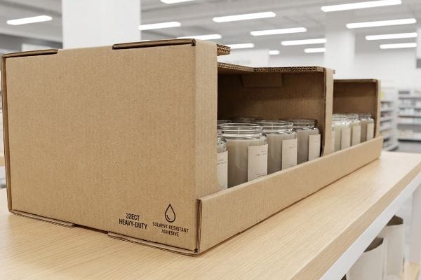 Ein Verkaufsdisplay für Kerzen in Glasgefäßen, hergestellt aus 32ECT-starker Wellpappe mit lösungsmittelbeständigem Klebstoff.
