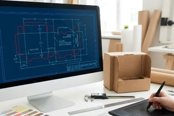 Un monitor muestra una plantilla CAD para una bandeja Testliner personalizada lista para la venta al por menor de 32 ECT con contorno de corte y margen de doblado, junto a una caja de cartón corrugado, un calibrador digital y una mano sobre una tableta gráfica.