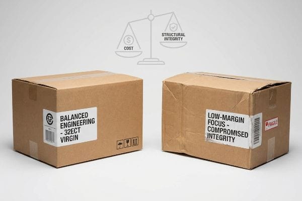 Packaging Cost Integrity Sturdy 'Balanced Engineering - 32ECT Virgin' corrugated box contrasts with damaged 'Low-Margin Focus - Compromised Integrity' box, showing cost vs. structural integrity.