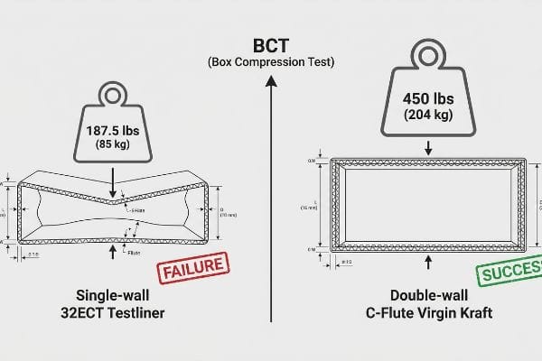 Box Compression Test Results Box Compression Test (BCT) shows Single-wall 32ECT Testliner failing at 187.5 lbs versus Double-wall C-Flute Virgin Kraft succeeding at 450 lbs.