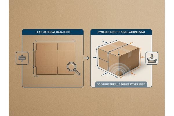 ECT ISTA Verification A cardboard-textured diagram shows Flat Material Data (ECT) of an unfolded box with measurements, transitioning to Dynamic Kinetic Simulation (ISTA) of an assembled box with multi-directional forces and impact ripples, verifying 3D Structural Geometry.