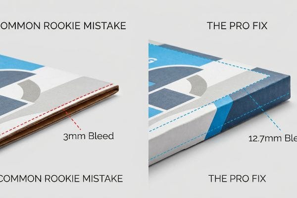Brown cardboard edge exposed by a Common Rookie Mistake 3mm Bleed versus The Pro Fix 12.7mm Bleed on custom box packaging.