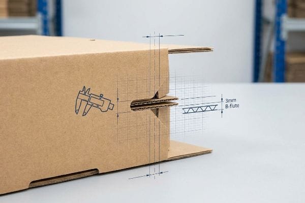 Corrugated B-Flute Caliper Brown corrugated cardboard box showing a 3mm B-flute thickness and caliper compensation for interlocking slots.