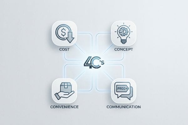 A visual diagram illustrates the 4 C's of packaging design: Cost, Concept, Convenience, and Communication, each with an icon.