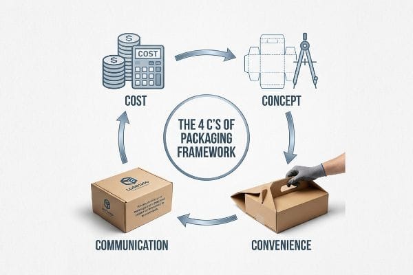 إطار عمل التغليف 4C's مخطط دائري لإطار عمل التغليف "العناصر الأربعة": التكلفة، والمفهوم، والراحة، والتواصل، مع أيقونات وعلبة تحمل علامة تجارية.