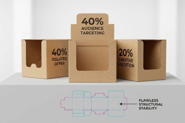 Packaging Design Principles Kraft corrugated retail display boxes demonstrating 40% Audience Targeting, 40% Isolated Offer, 20% Creative Execution, and a die-cut blueprint for Flawless Structural Stability.