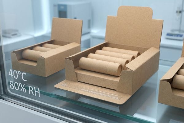 Packaging Climate Testing Kraft cardboard display trays with cylindrical tubes in a climate chamber, showing 40°C and 80% RH for stability.