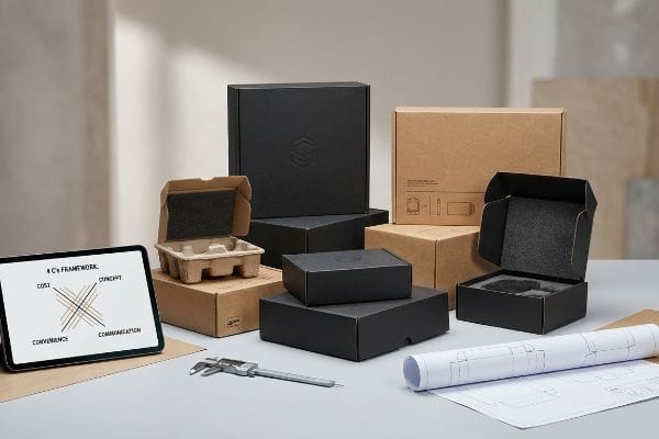 4 C's Packaging Framework Black and kraft packaging boxes. Tablet displays 4 C's Framework: Cost, Concept, Convenience, Communication. Caliper, blueprints.