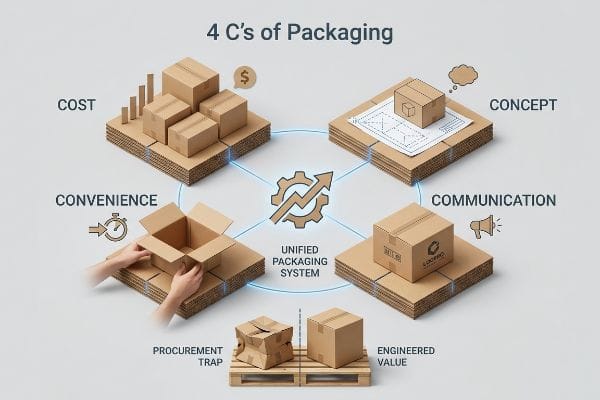 4-C-Verpackungssystem Das Diagramm der 4 Cs der Verpackung: Kosten, Konzept, Komfort, Kommunikation und ein einheitliches Verpackungssystem, das die Beschaffungsfalle im Vergleich zum technischen Wert hervorhebt.
