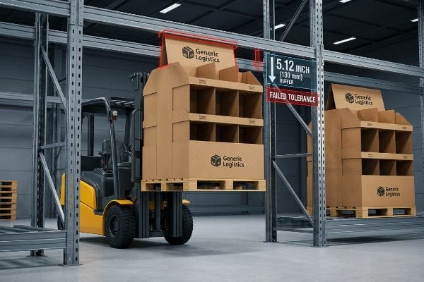 Forklift Failed Tolerance Generic Logistics pallet displays on a forklift show 5.12 Inch (130 mm) Buffer and Failed Tolerance in warehouse racking.