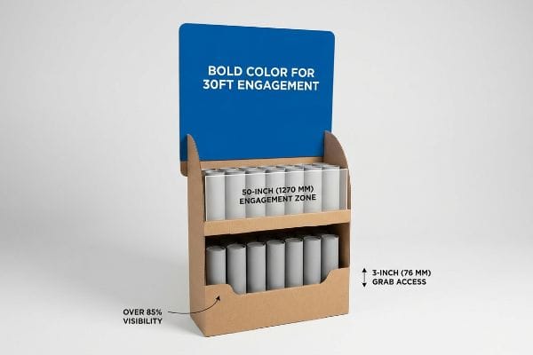 Cardboard retail display highlights Bold Color for 30ft Engagement, 50-Inch (1270 Mm) Engagement Zone, and 3-Inch (76 Mm) Grab Access, ensuring Over 85% Visibility.