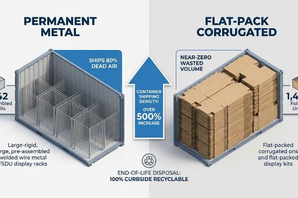 Permanent metal FSDU racks ship 80% dead air; flat-pack corrugated boosts shipping density over 500%, 100% curbside recyclable.