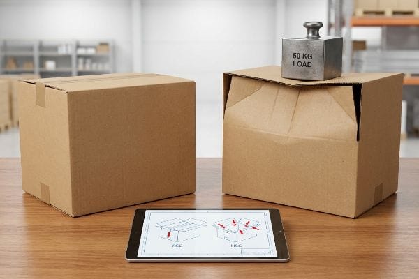 Brown corrugated cardboard boxes, one closed and one open-top with a 50 Kg Load weight, next to a tablet showing RSC and HSC diagrams.