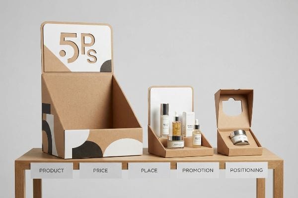 Aufsteller aus Naturkraftkarton veranschaulichen die 5 Ps der Verpackung: Produkt, Preis, Ort, Promotion, Positionierung, anhand von Kosmetikflaschen und -tiegeln.
