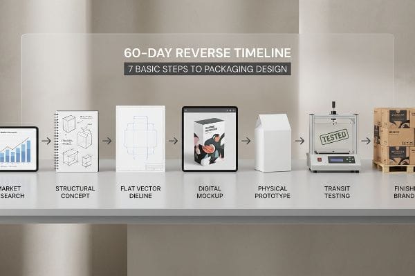 Der 60-Tage-Zeitplan in umgekehrter Reihenfolge für 7 grundlegende Schritte im Verpackungsdesign, von der Marktforschung bis zur Transportprüfung mit dem Siegel „Geprüft“.