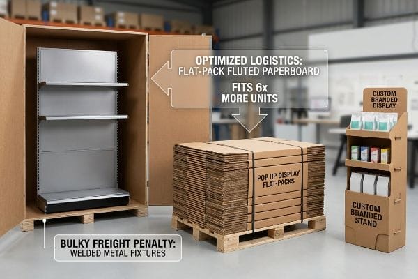 Frachtoptimierungsvergleich Geschweißte Metallhalterungen in Kisten vs. Pop-Up-Display-Flatpacks, optimierte Logistik: Passt 6x mehr Einheiten.