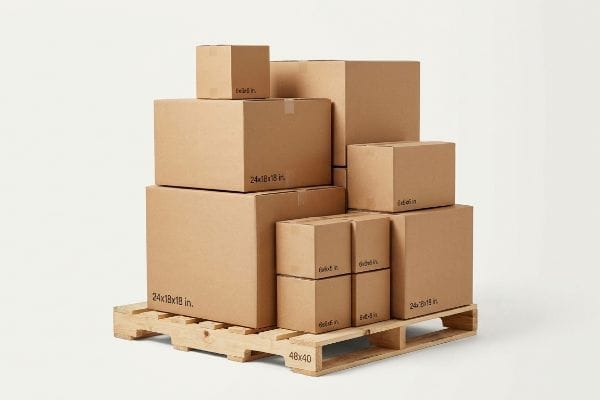 Standard Shipping Boxes Pallet Various standard size shipping boxes, including 6x6x6 in. and 24x18x18 in. cartons, are stacked on a 48x40 wooden pallet.