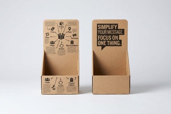 Retail Marketing Displays Brown corrugated retail display stands, one with a '7 P's of Retail Marketing' diagram, the other reading 'Simplify Your Message. Focus On One Thing.'