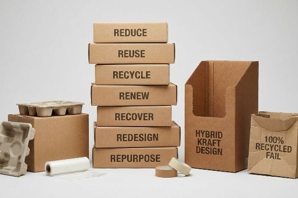 7 Rs Packaging Principles Brown cardboard boxes display the 7 Rs: Reduce, Reuse, Recycle, Renew, Recover, Redesign, Repurpose. Features 'Hybrid Kraft Design' and '100% Recycled Fail' packaging.