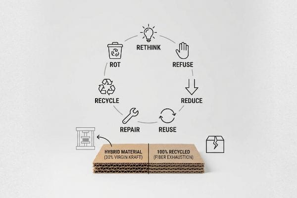 Corrugated board illustrates the 7 Rs of sustainable packaging, contrasting Hybrid Material (30% Virgin Kraft) with 100% Recycled (Fiber Exhaustion).