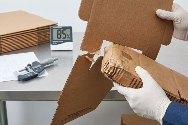 Humidity Damages Cardboard Box Swollen corrugated cardboard box tearing during assembly, with a digital humidity gauge displaying 85% and a micrometer.