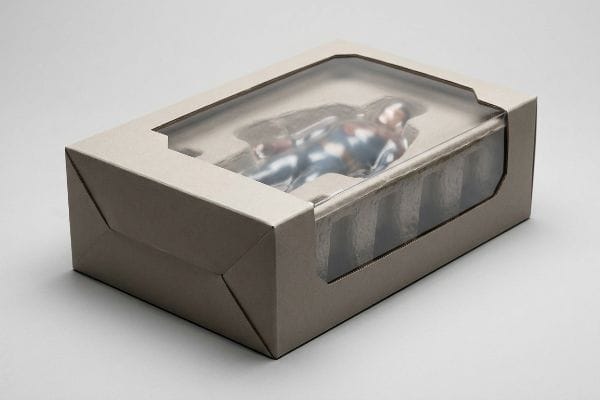 Action Figure Window Box An action figure is displayed in rigid paperboard packaging with a clear die-cut window and protective plastic blister.
