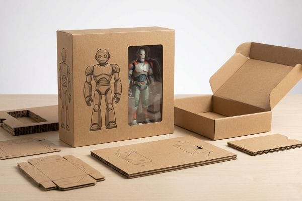Action Figure Cardboard Packaging Corrugated cardboard action figure packaging, featuring a window box with a robot toy, an open box, and flat die-cut components.