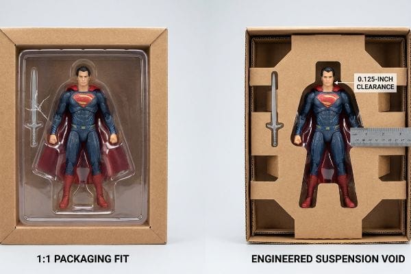 Action Figure Packaging Comparison Brown cardboard boxes display a Superman action figure in 1:1 Packaging Fit versus Engineered Suspension Void with 0.125-Inch Clearance.