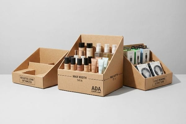 Counter Display ADA Sizes Three cardboard retail counter displays, one with cosmetics showing "Max Width 14 In", "Max Depth 12 In", "Ada Compliant", and others.