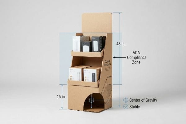 ADA Display Stability Corrugated cardboard display, 15-48 inch ADA compliance zone, showing center of gravity, stability, and custom product boxes.