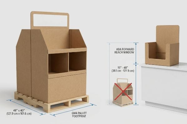 Display Compliance Dimensions Brown cardboard floor display on GMA pallet (48x40 inches) and counter display with ADA Forward Reach Window (15-48 inches).