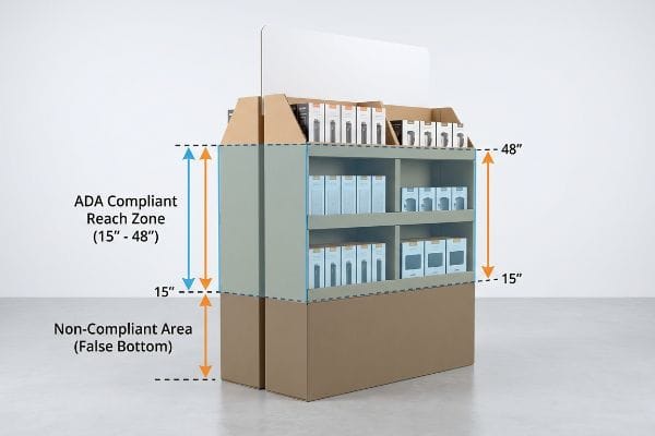 ADA Display Compliance Zones Retail floor display highlighting ADA Compliant Reach Zone (15"-48") and Non-Compliant Area (False Bottom) for product placement.