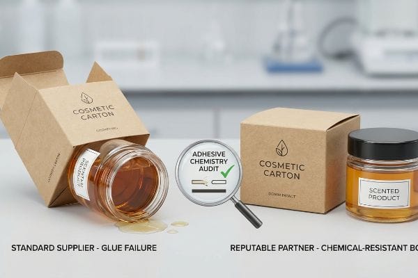 Kraft cosmetic carton demonstrating glue failure with spilled 'Scented Product', contrasted with an intact box, emphasizing an 'Adhesive Chemistry Audit'.