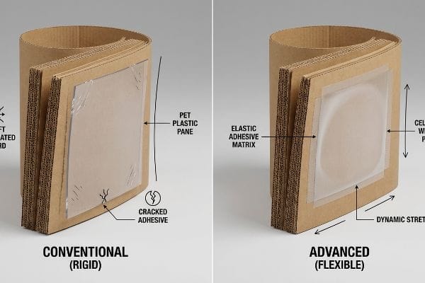 Rigid sleeve container: cracked adhesive on Pet Plastic Pane. Flexible design: elastic adhesive matrix, dynamic stretch.