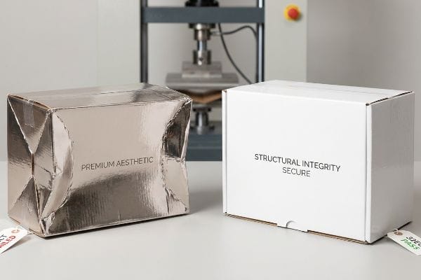 Aesthetic vs. Integrity Damaged silver box, 'Premium Aesthetic' failed, contrasts with intact 'Structural Integrity Secure' white box that passed a compression test.