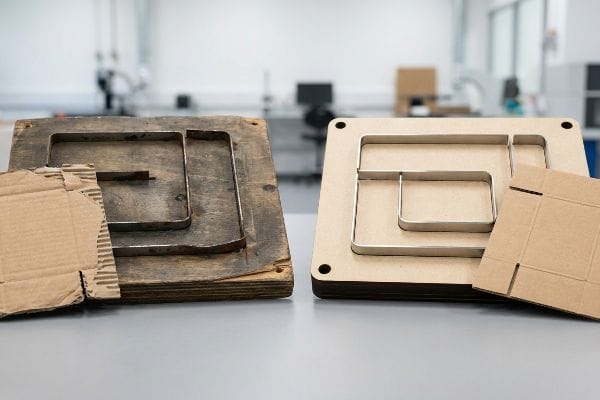 Worn plywood die board with steel rule and corrugated piece next to a fresh CNC laser-cut die board with a pre-cut carton.