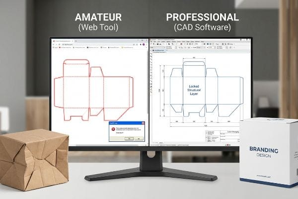 Amateur web tool dieline error vs. professional CAD software 'Locked Structural Layer', contrasting crumpled box with 'Branding Design' box.