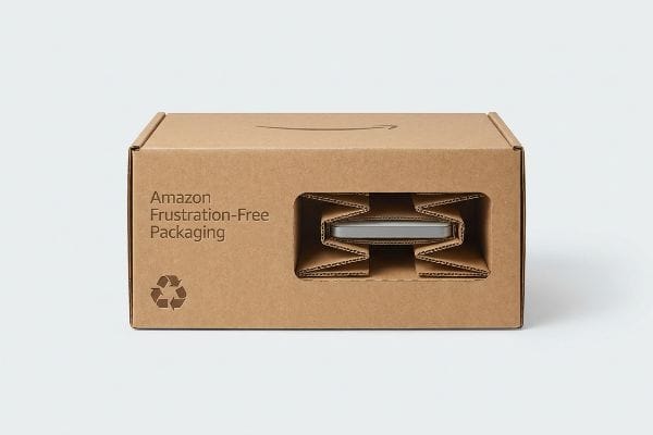 Brown Amazon Frustration-Free Packaging box, displaying a silver product secured by corrugated inserts through a window, with a recycling symbol.