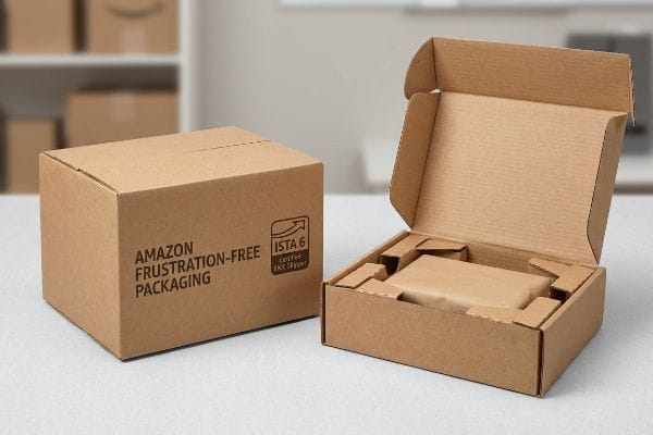 Brown corrugated cardboard Amazon Frustration-Free Packaging boxes, one closed with ISTA 6 SIOC certification, one open revealing internal crumple zones.