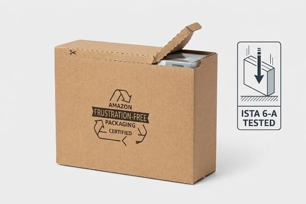 Brown corrugated box, partially open, showing 'Amazon Frustration-Free Packaging Certified' and 'ISTA 6-A Tested' labels.