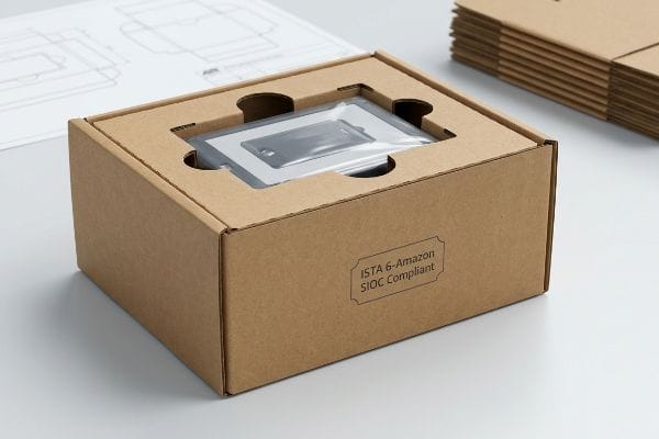 SIOC Compliant Packaging An open corrugated box, labeled 'ISTA 6-Amazon SIOC Compliant', securely holds a product with an internal insert, against packaging designs.
