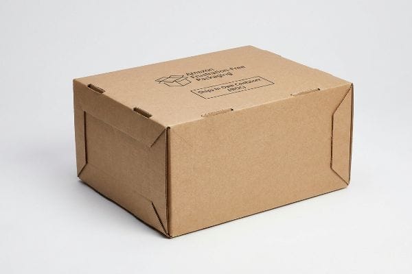Amazon SIOC Packaging Box Brown corrugated cardboard box featuring Amazon Frustration-Free Packaging and Ships In Own Container (SIOC) branding.