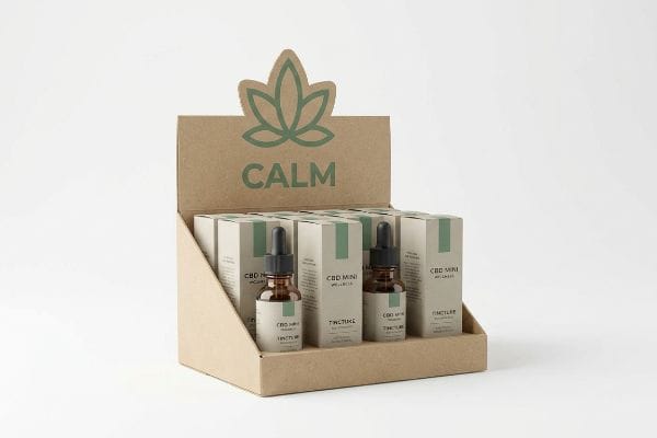 Beruhigendes CBD-Tinktur-Display Aufsteller aus Kraftkarton mit Fläschchen der Calm CBD Mini Wellness-Tinktur.