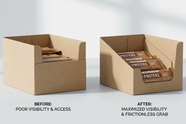 Brown kraft paperboard display comparing a flat tray with hidden PMOTERS snack bars to an angled dispenser for maximized visibility and frictionless grab.
