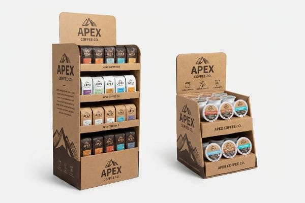 Подставки для демонстрации кофе Apex Напольная витрина Apex Coffee Co. из коричневого гофрированного картона, на которой выставлены пакетики с кофе, и настольная стойка с капсулами для разового употребления.